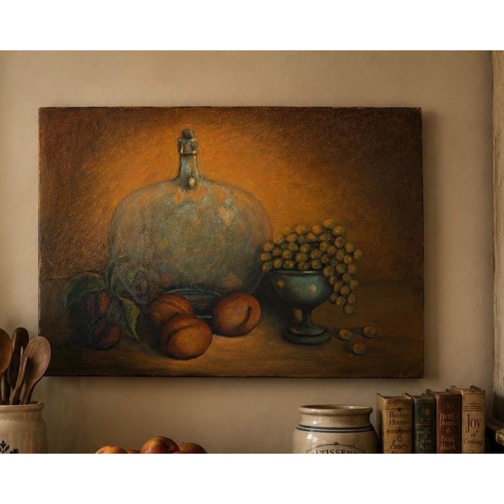 Vintage Original Oil Painting Still Life Fruit  Jug Moody Rustic Earth Tones